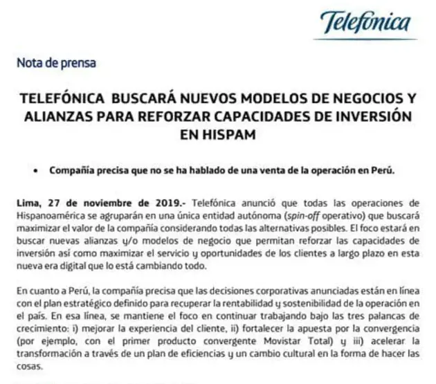 Telefónica mantendrá sus operaciones en Perú - Infomercado - Noticias