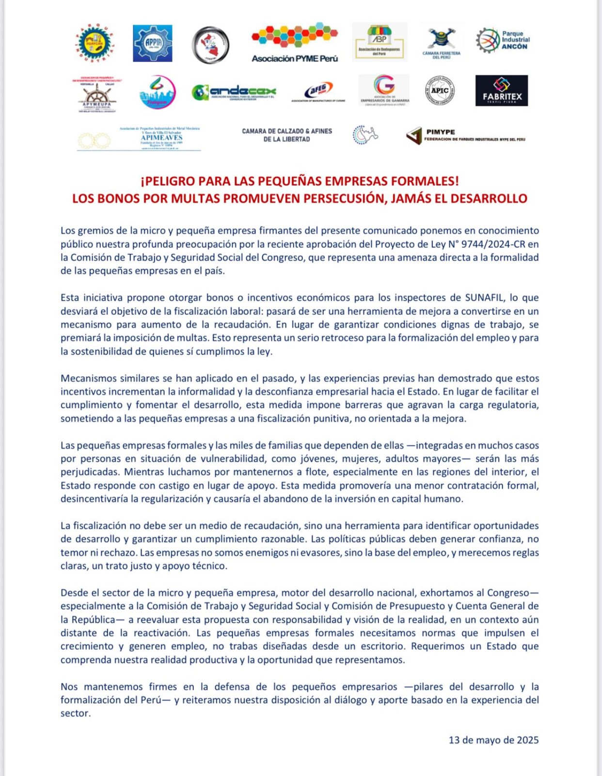 Pymes rechazan proyecto del Congreso que incentiva sanciones de Sunafil.