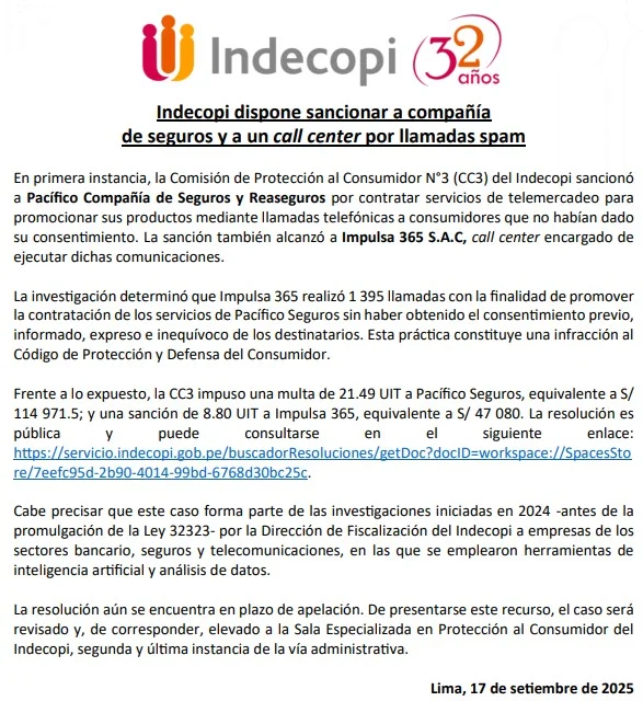 Comunicado de sanción a Pacífico seguros y call center, elaborado por Indecopi.