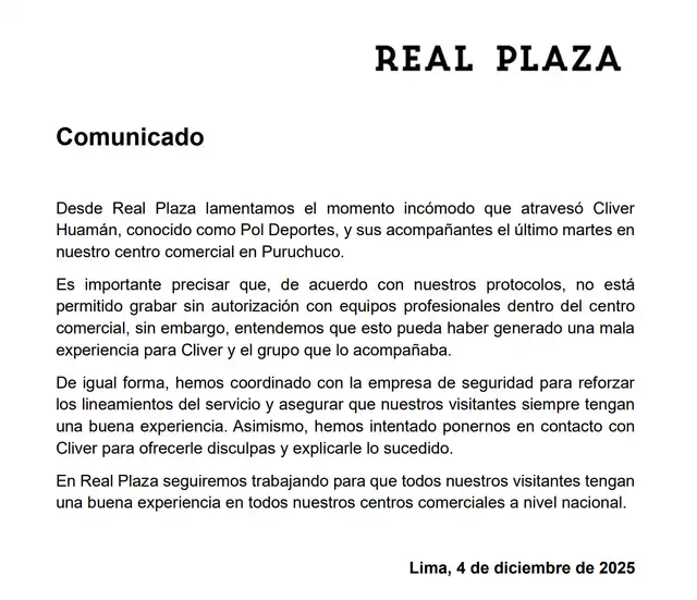 Comunicado sobre las disculpas hacia Pol Deportes, elaborado por Real Plaza.